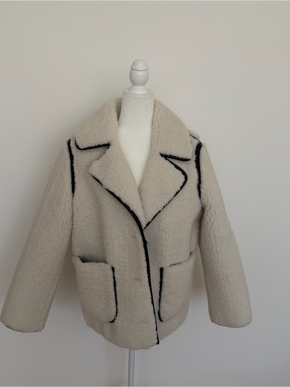 Jason Wu Ivory Faux Shearling Teddy Coat Black Faux Leather Trim NWT Small